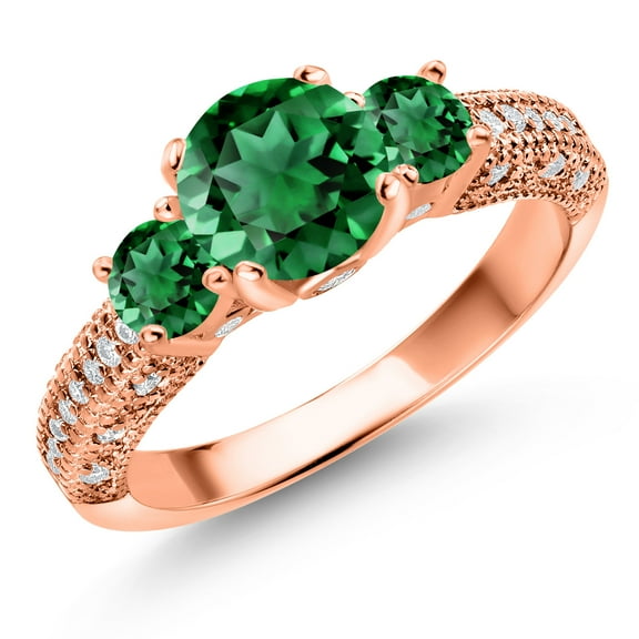 Gem Stone King 18K Rose Gold Plated Silver Green Nano Emerald and White Moissanite Engagement Ring for Women (1.90 Cttw, Gemstone May Birthstone, Round 7MM and 4MM, Size 5)