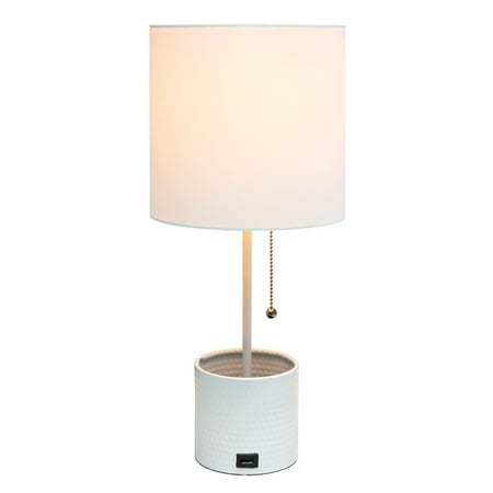 Simple Designs - Hammered Metal Organizer Table Lamp with USB charging port and Fabric Shade - White base/White shade