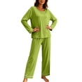thumbnail image 5 of Ashirexll Pajamas for Women Set Solid Color Round Neck Loose Long Sleeve Top with Matching Pants Loungewear Set, 5 of 7
