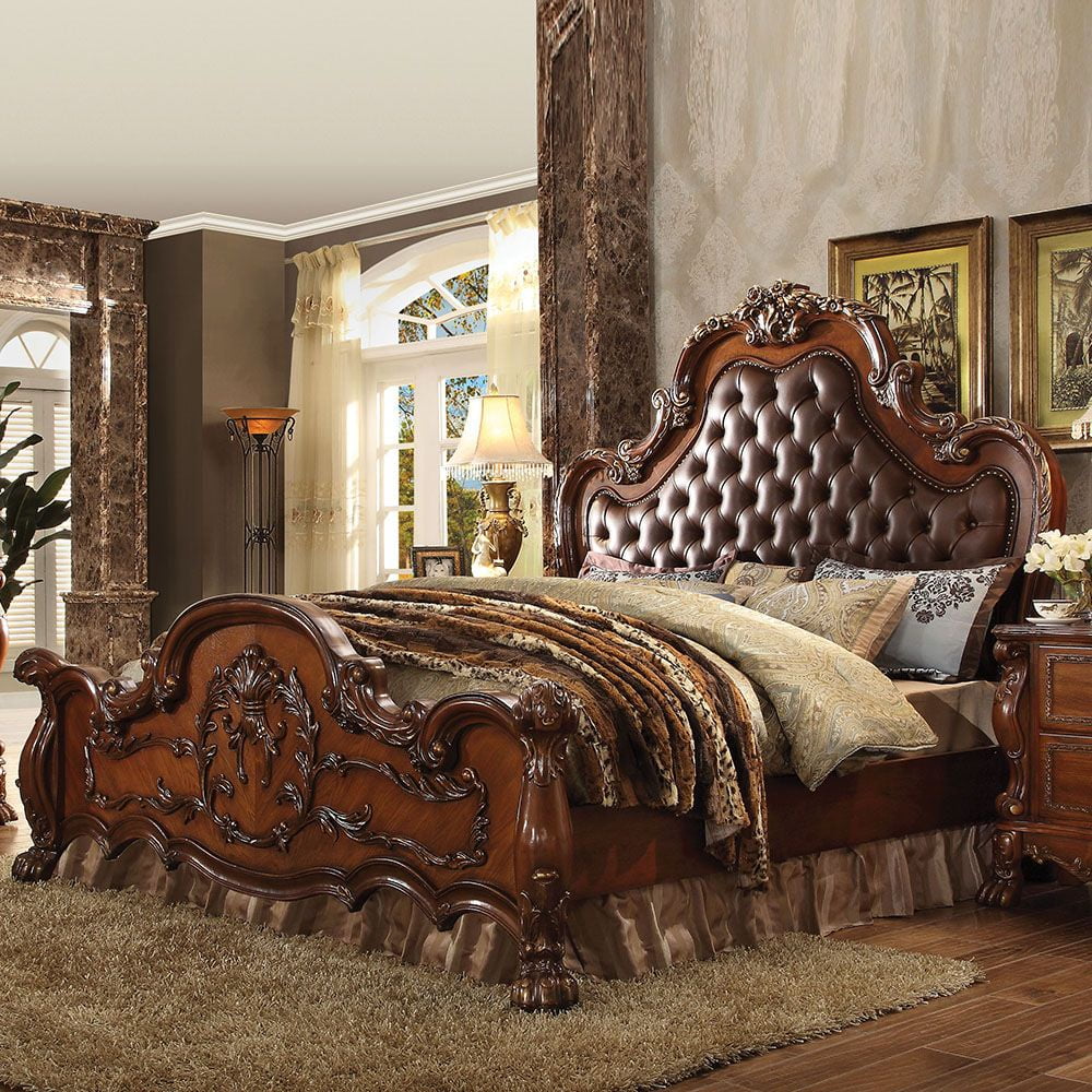 ACME Dresden Eastern King Bed in Synthetic Leather & Cherry Oak