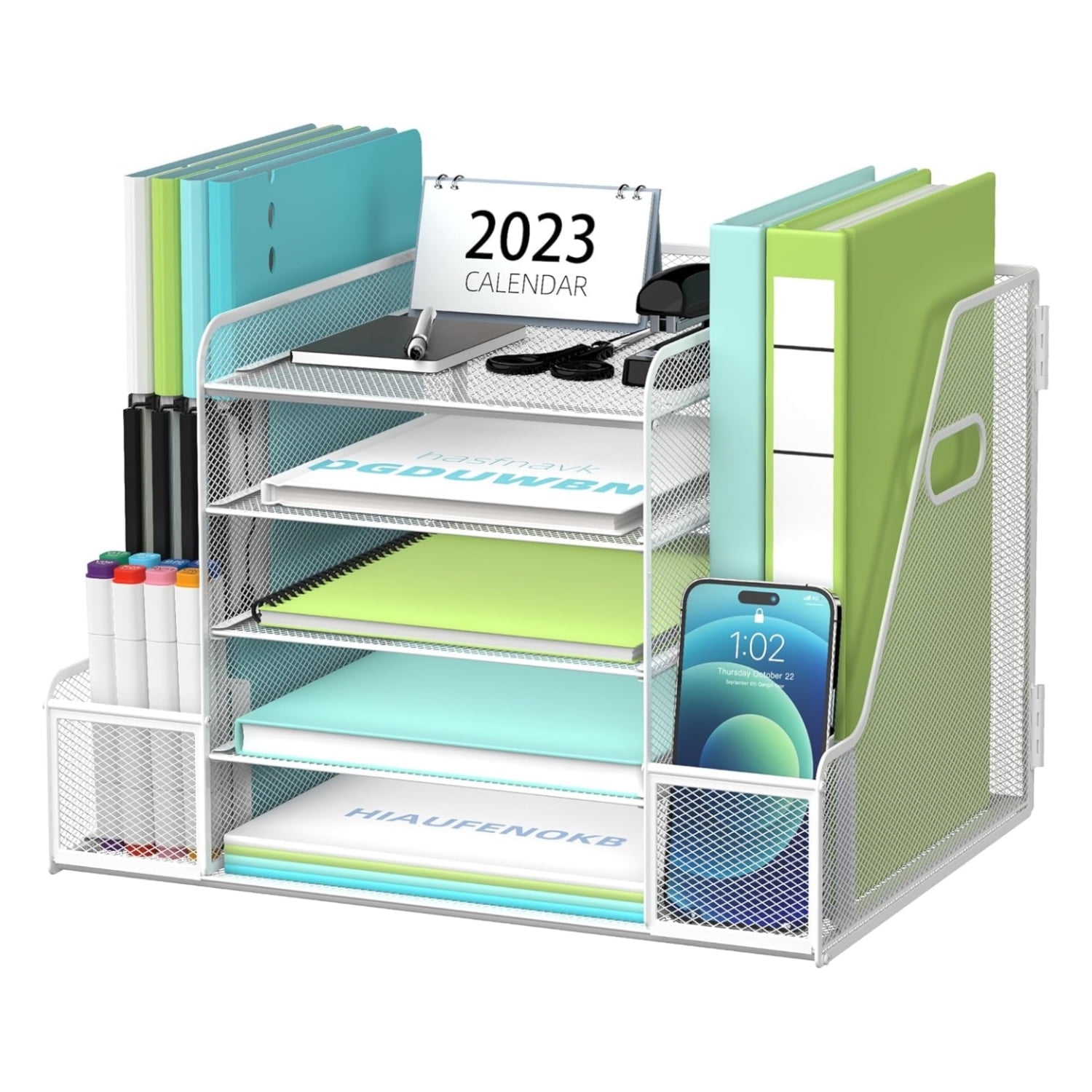 INTIGE 5-Tier Desk Organizer with File Holder, Mesh Paper Letter Tray Organizer with Magazine Holder, Desktop Organizer and Storage for Office Supplies