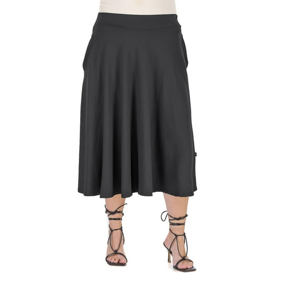 24seven Comfort Apparel Plus Size Elastic Waist Pocket Midi Skirt Black 3X