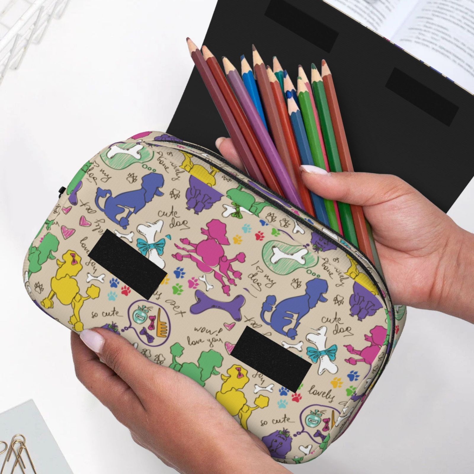 Rateoe Colorful Poodle Dog Pattern Double Clamshell Pen Case, Storage Organizer with Two Zipper Compartments– Holds Up to 50 Pencils & Pens