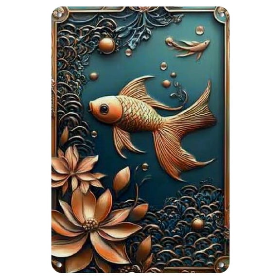 1pc Vintage-Inspired 8"x12" Iron Metal Sign with Elegant Koi Fish & Floral Design - Black & Copper Wall Art for Home, Bar, Kitchen | Ideal Valentine's Day Decor, Metal Wall Art Decor
