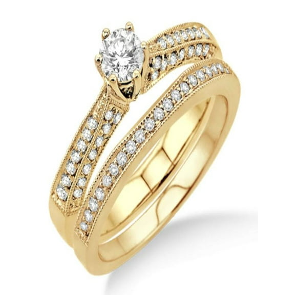 1.50 Carat Antique Bridal Set Engagement Ring with Round Cut Diamond in 10k Y ellow Gold