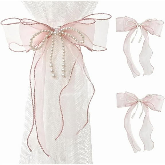 2 Pcs Bowknot Curtain Tiebacks, Butterfly Curtain Ties with Pearls, Sweet Bow Curtain Holdbacks Buckles for Home Decorative