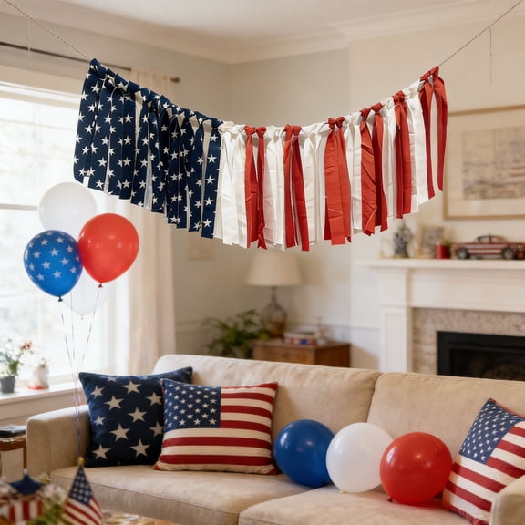 4th of July Fabric Rag Banner,8.2 Ft Patriotic Door Wall Decor,Red Blue White Mantel Decoration 250th Anniversary Wall Hanging for Yard Garden Porch