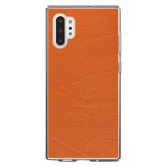 DistinctInk Clear Shockproof Hybrid Case for Galaxy Note 10 PLUS (6.8" Screen) - TPU Bumper, Acrylic Back, Tempered Glass Screen Protector - Orange Faux Leather Print Design - Printed Leather Image