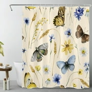 Vintage Butterfly Shower Curtain for Bathroom,Blue and Yellow Wildflower Botanical on Beige Fabric Shower Curtain with Hooks,Country Nature Bathroom Curtain Shower Set, 60x72 inches