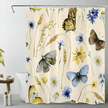 Vintage Butterfly Shower Curtain for Bathroom,Blue and Yellow Wildflower Botanical on Beige Fabric Shower Curtain with Hooks,Country Nature Bathroom Curtain Shower Set, 60x72 inches