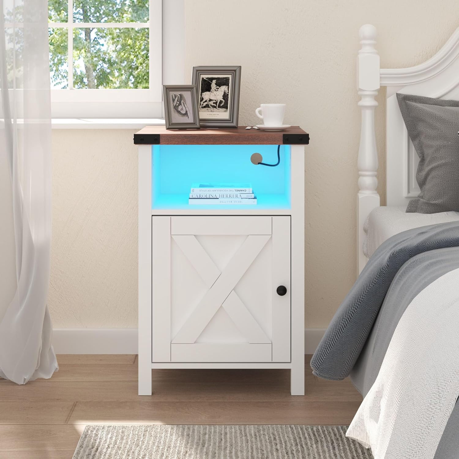 Farmhouse LED Nightstand Set of 2 with Charging Station, Rustic End Table with Barn Door & Storage Shelf, Bedside Table for Bedroom, Living Room, White