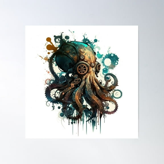 Steampunk Animals - Mechanical Octopus #2 Poster Wall Art, Modern Wall Decor For Living Room Bedroom, 17x17 UNFRAMED