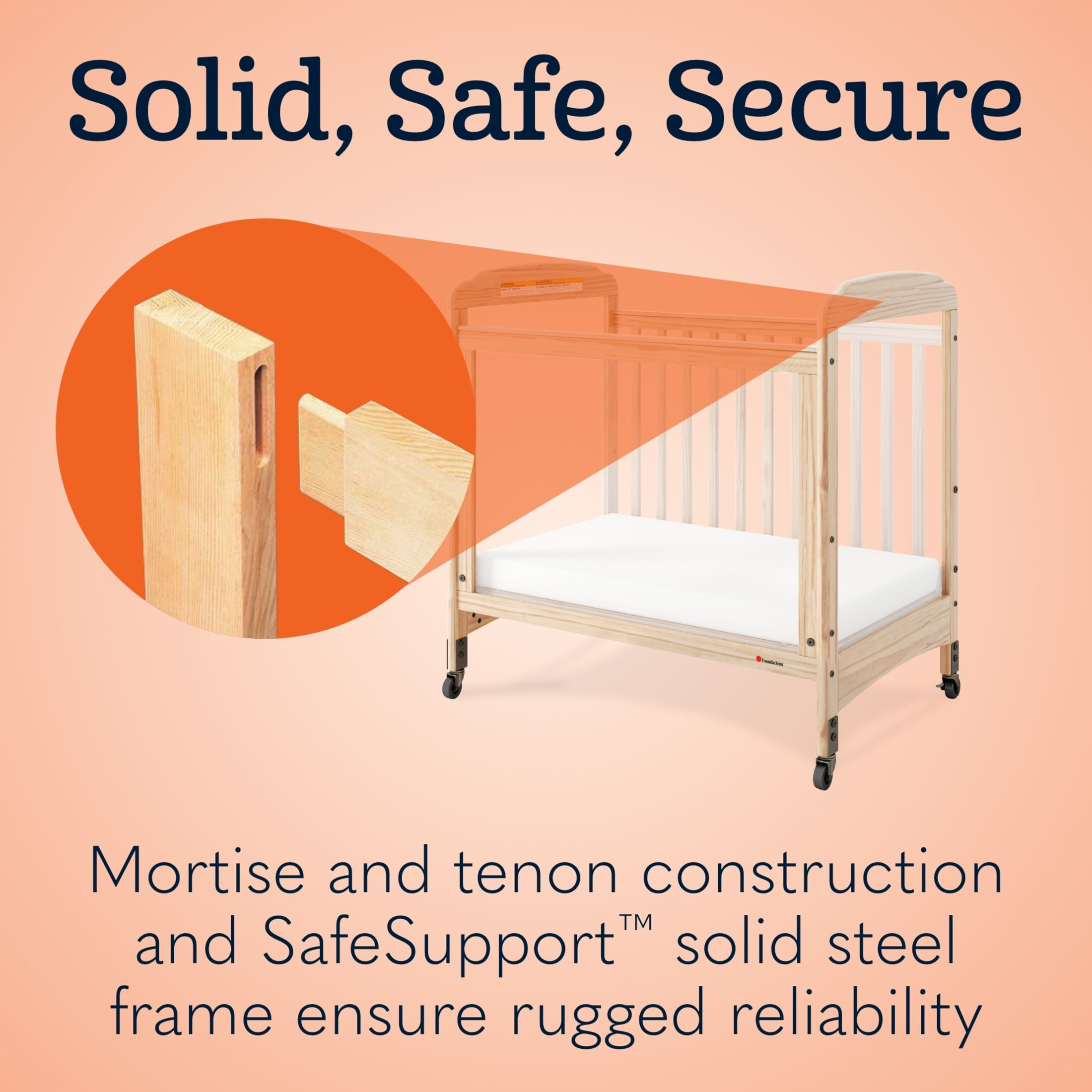 Foundations Serenity 3-Panel Clearview Compact Crib, Fixed-Side, 3" Mattress Included, Natural Wood