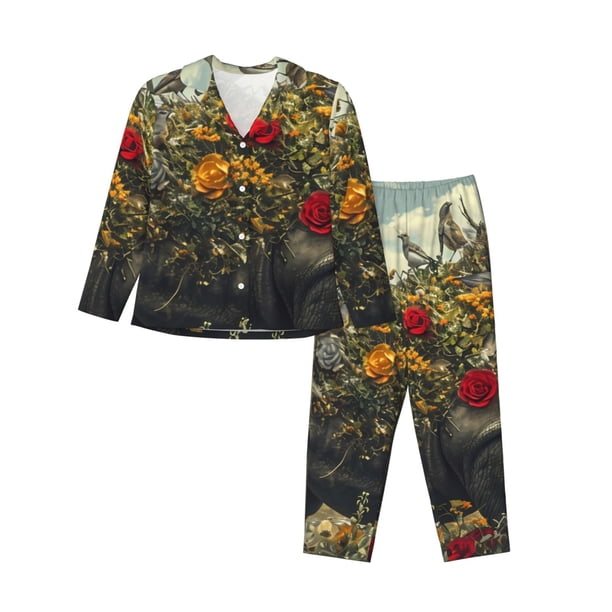Fotbe Floral Rhino With Birds Conjunto de Pijama de Manga Larga para Mujer con Estampado, Ropa de Dormir de 2 Piezas, Conjunto de Casa Suave y Cómodo con Bolsillos-Small