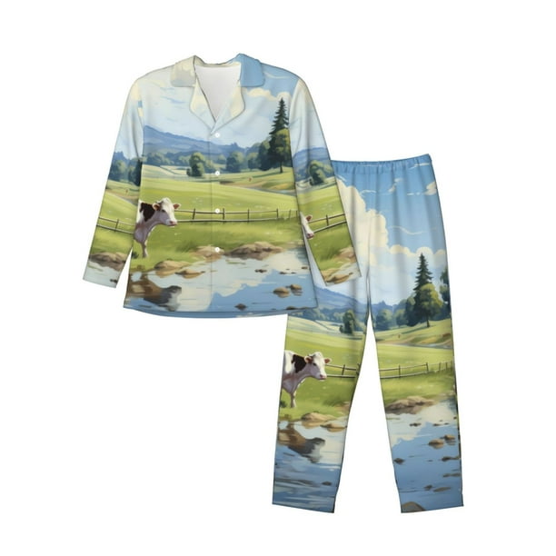 Balery Pasture Cow Pijama para Hombre de Dos Piezas con Manga Larga, Conjunto de Dormir y Descanso Suave con Bolsillos-XX-Large