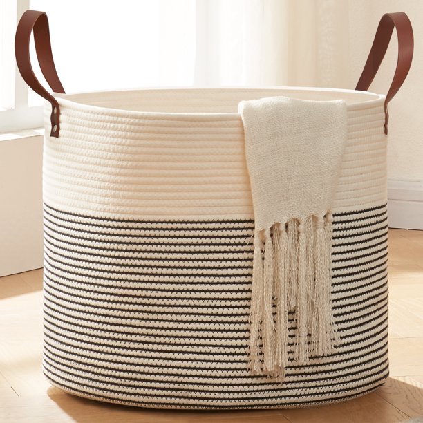 CHERISHGARD Cotton Laundry Basket Woven Rope New Laundry Hamper Large