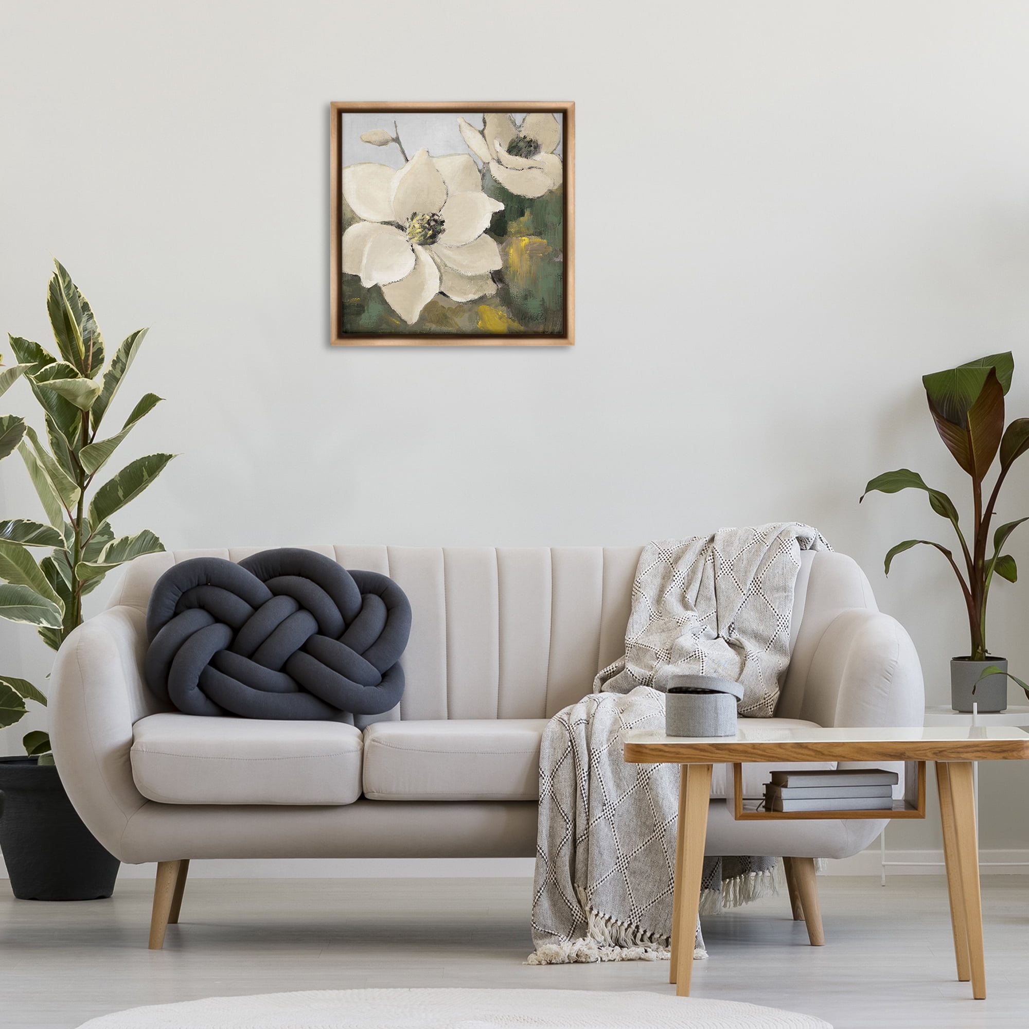 Stupell Industries Two Magnolia Blossoms Botanical & Floral Painting Brown Floater Framed Canvas Art Print Wall Art, 25 x 25