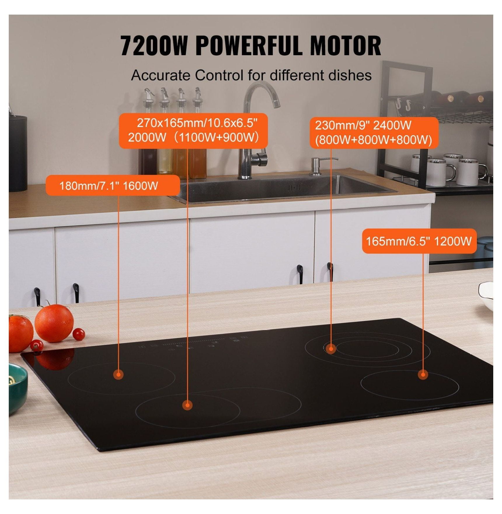 Electric Stove Top 30.3 x 20.5 inch, 4 Burner Glass Cooktop, 240V Radiant Cooktop with Touch Control, Timer & Child Lock, 9 Power Levels for Cooking
