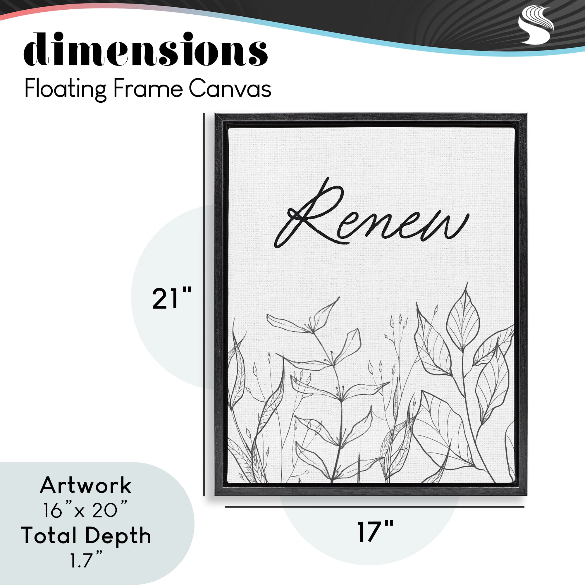 Renew with Leaf Outlines Black Framed Floater Canvas Wall Art, design by Lettered and Lined