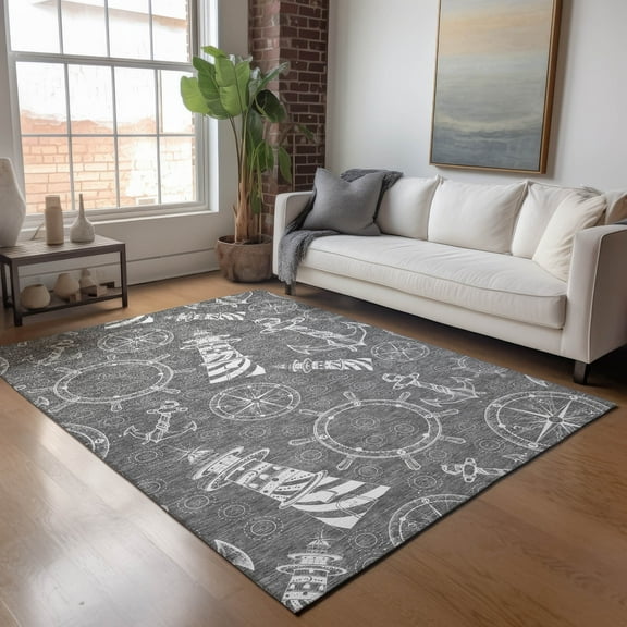 Addison Rugs Mayfield Washable Coastal Nautical Gray Rectangle Rug, 10' x 14'