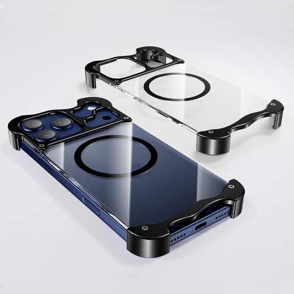 Decase Rugged Case for iPhone 17 Pro Max,Frameless Hard PC Clear Case,Shockproof Metal Four Corners Phone Case,Slim Clear Magnetic Back Cover,Black