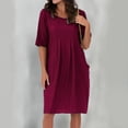 thumbnail image 2 of B91xZ Robes Printemps Été Femmes Manches Courtes Col Rond Robe Tunique Plissée Longueur Genou, Rouge G, 2 of 5