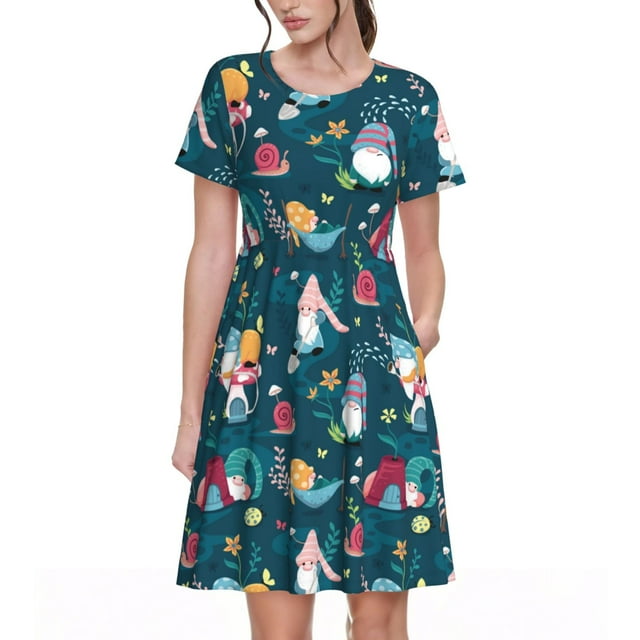 Kdxio Nains de Jardin en Imprimé Floral Robe T-Shirt Décontractée pour Femmes Été Manches Courtes Robes Évasées avec Poches