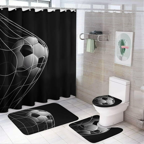 Soccer Ball on Black 4Pcs Shower Curtain Set Washable Bathroom Sets with Toilet Lid Cover and Non-Slip Rug Bath Accessories Decor
