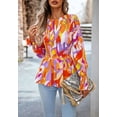 thumbnail image 3 of Round Neck Shirred Floral Print Peplum Long Blouse for Women White Medium, 3 of 5