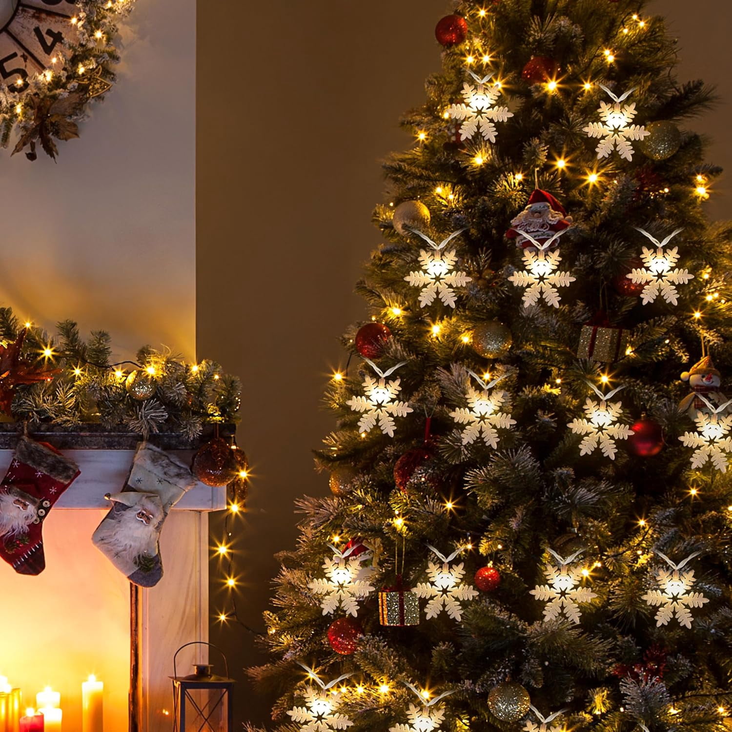 8FT Snowflake String Lights for Christmas Decoration, 10 Glitter Snowflakes Indoor Outdoor Winter Tree Bedroom Home Decoration, Warm White