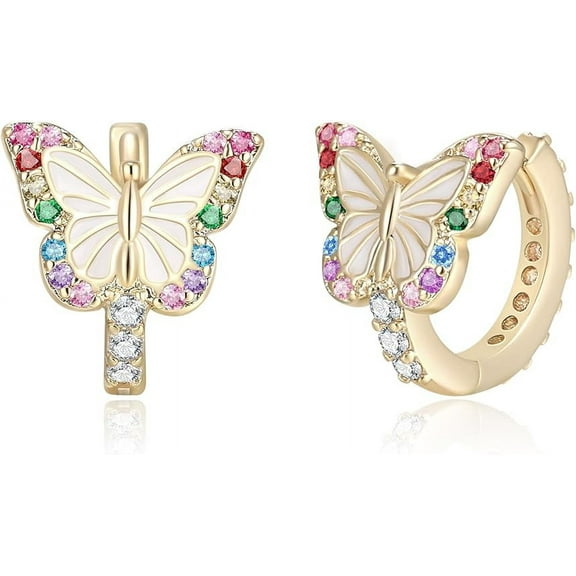 Divine Creation 1.25 Ct Round Cut Multi Sapphire Butterfly Clip On Hoop Earrings 14K Yellow Gold Plated For Womens 925 Sterling Silver