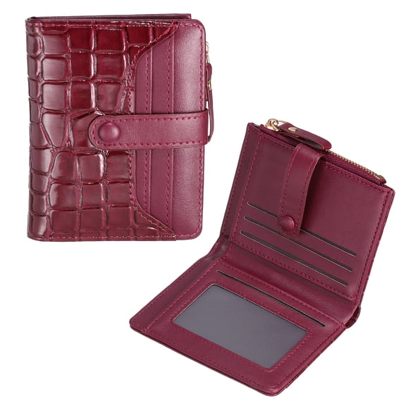 Uxcell Small Wallet for Women, Bifold Credit Card Holder Zipper Leather Wallet Ladies Wristlet with Card Holder ID Window Coin Purse Zipper Pocket, Burgundy