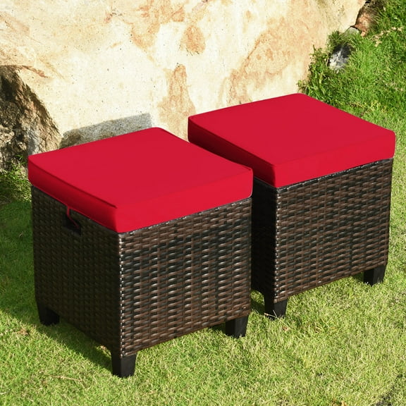 Gymax Set of 2 Patio Rattan Ottoman Footrest Garden Outdoor w/ Red Cushion