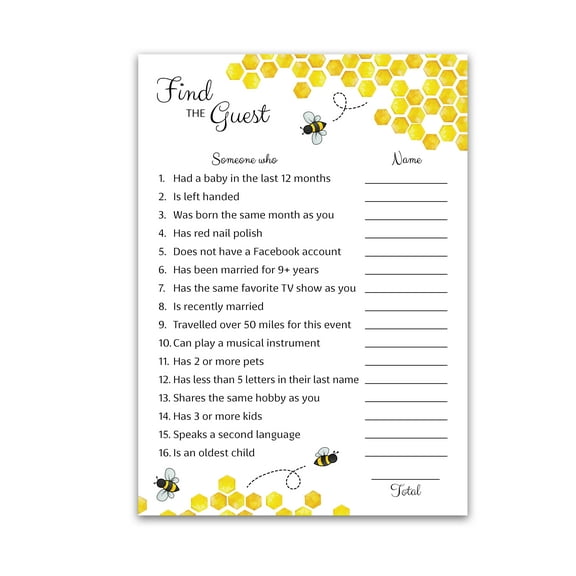 Bee Baby Shower Game — FIND THE GUEST Games — Pack of 25 — Mommy to bee Bumble bee theme Neutral Yellow Fun Icebreaker Baby Shower Party Game, Honeybee Bumblebee Guess Who Came to the party G620-FTG
