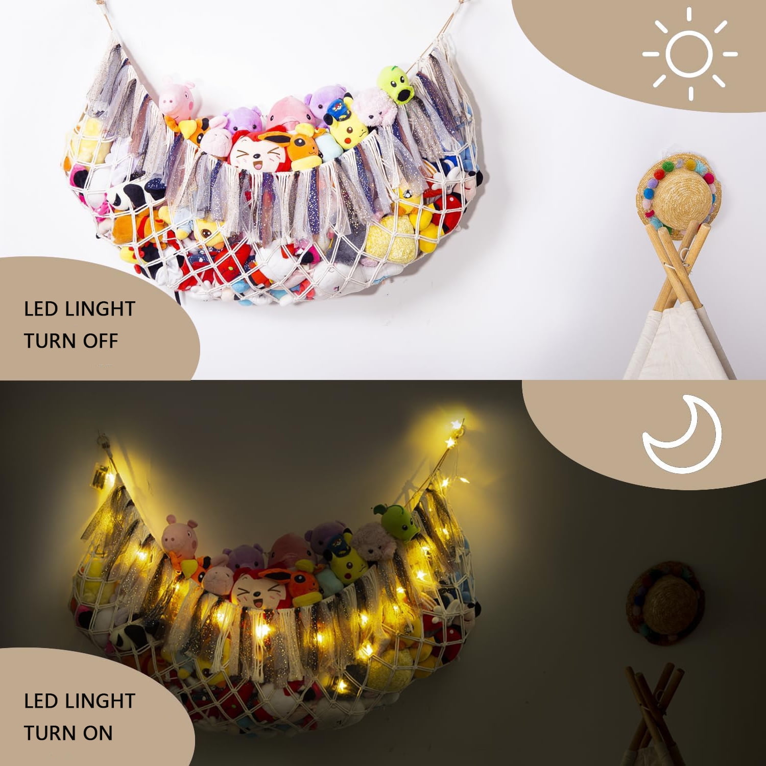 Large plush toy net or hammock for toy storage in children's rooms, bedrooms, and playrooms, with a lightweight wall-mounted storage organizer - Beige toy net