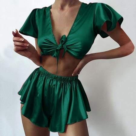 Levmjia Pajamas for Women Set Clearance Summer Plus Size Women Sexy-Lingerie Sleepwear Satin Silk Babydoll Lace Up Nightwear Pajamas Set