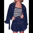 thumbnail image 3 of Conjunto de 2 Piezas de Falda y Jeans para Mujer: Falda Plisada de Cintura Alta y Chaqueta Vaquera de Larga con Solapa y Cremallera Azul Oscuro L, 3 of 9