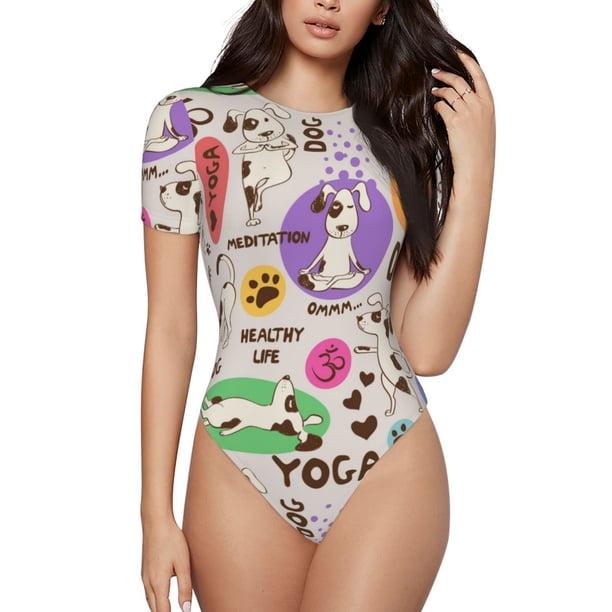 Balery Dog Doing Yoga Body de cuello redondo de manga corta para mujer Tops de manga corta Tops básicos-XX-Large