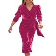 thumbnail image 2 of Femmes Velours Midi Robe Bodycon Couleur Unie V-Cou Tie-Up Robe à Manches Longues Robe de Soirée, 2 of 5