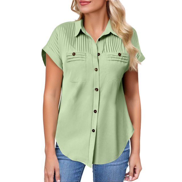 Breezora Unique Ladies Short Sleeve Shirt with a Detailed Buttoned Lapel and Functional Pleated Pocket Design Offering a Smart Casual Look for Work or Leisure XXL Size Light Green