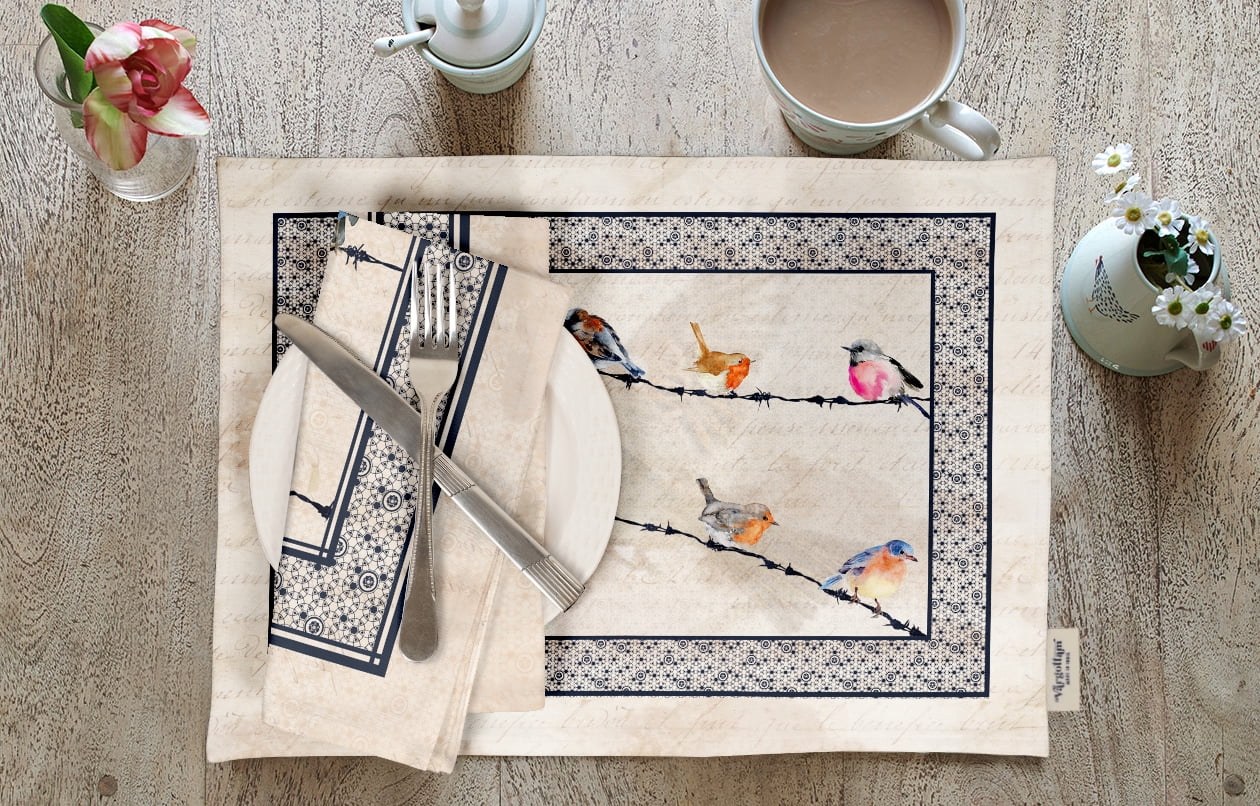 Vargottam Placemats- Placemat For Dining Table, Set Of 4- Printed & Reversible CottonNapkin-IndoorPlacematsFor Home & Kitchen Dining Table- Bird (Beige)