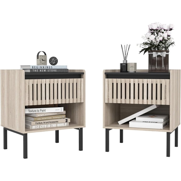Kadyn Modern Nightstand Set of 2 with Drawer, Wooden Bedside Table for Bedroom, Small End Table with Open Shelf, Sofa Side Table for Living Room, Small Spaces
