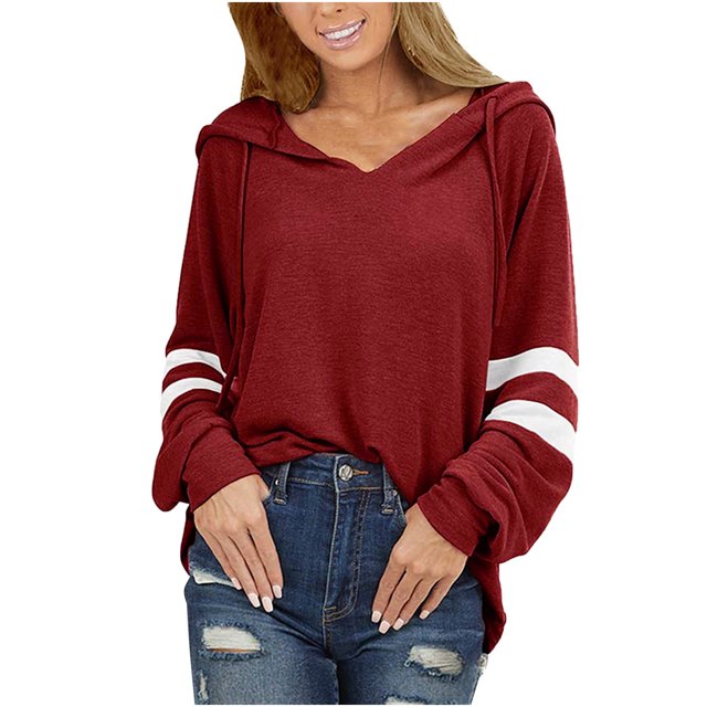 Pompotops Women's Hooded Drawstring Solid Stitching Long Sleeve Loose Sweatshirt Top