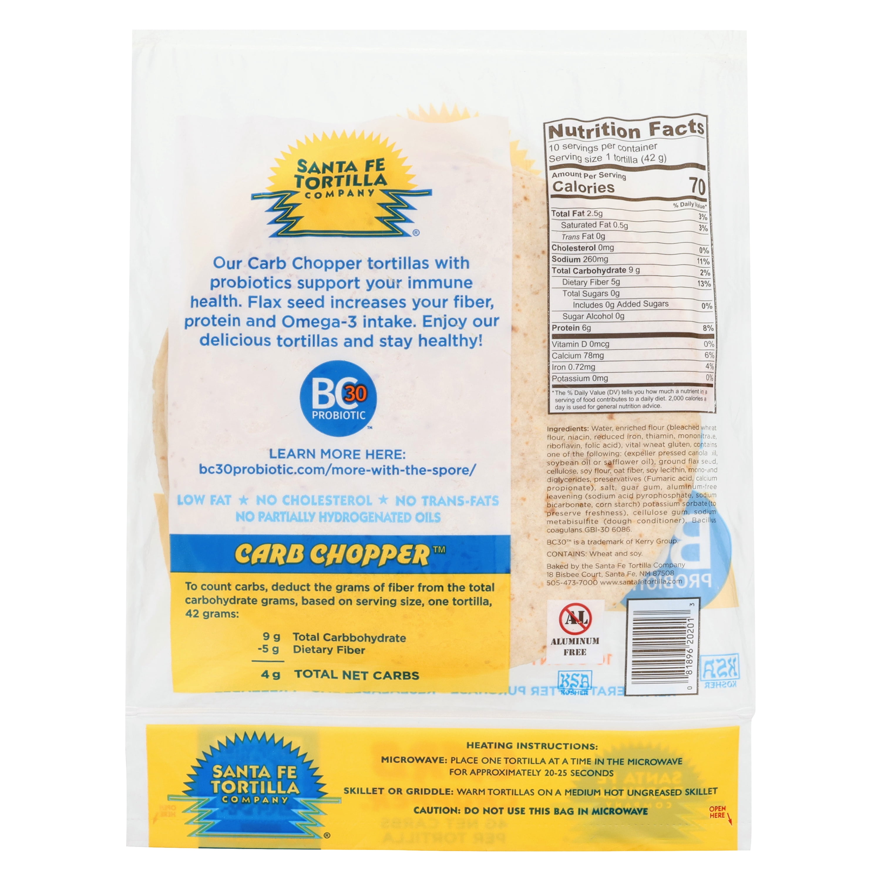 Santa Fe Tortilla Company Probiotic Carb Chopper 7" Whole Grain and Flax Tortillas, 10 Count (15 oz)