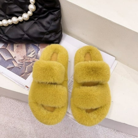 

PIKADINGNIS Winter New Leisure Faux Fur Ladies Slippers Fashion Band Fuzzy Women Fluffy Slippers Bedroom Flat Girls Plush Shoes