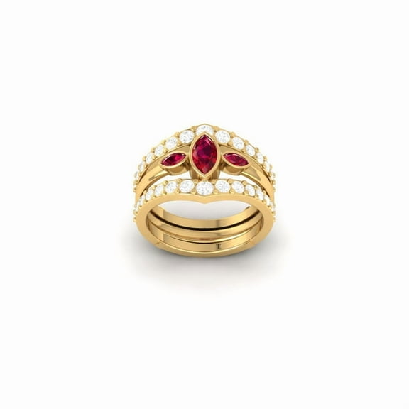 Enhancer Guard Wrap Wedding Band Ring for Women, Red Ruby and Moissanite, 14K Yellow Gold Plated