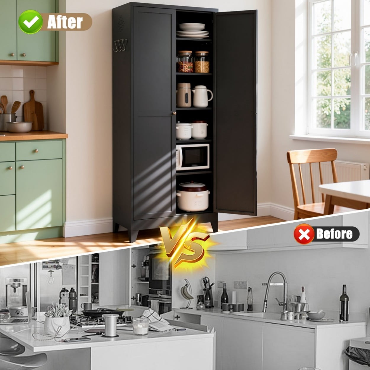 75" Metal Kitchen Pantry Cabinet with Doors, Heavy Duty Freestanding Storage Organizer, 5 Adjustable Shelves, 180 LBS Capacity Steel Cabinet for Kitchen Dining Room Pantry, Black