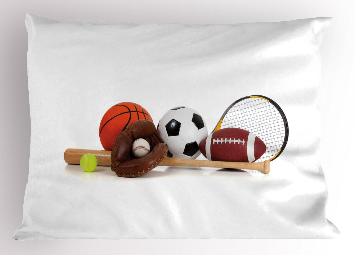 Youth Pillow Sham Assorted Sports Equipment Different Balls Bat Tennis