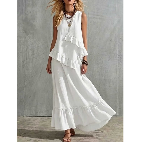Favoffer Women's Linen Two Piece Beach Set Sleeveless Ruffle Tank Top Long Maxi Skirt Boho Casual Outfit Lightweight Summer Dress Set for Holiday