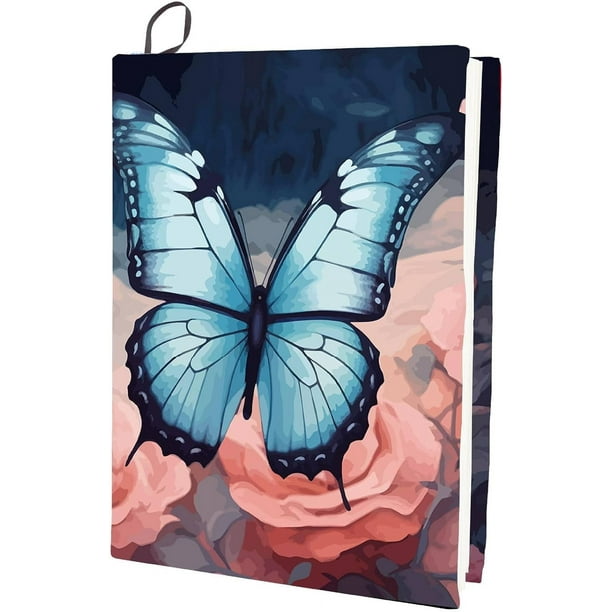 Funda de libro elástica con diseño de mariposa azul y flor rosa, lavable, reutilizable, de nailon y poliéster, ideal para cuadernos.